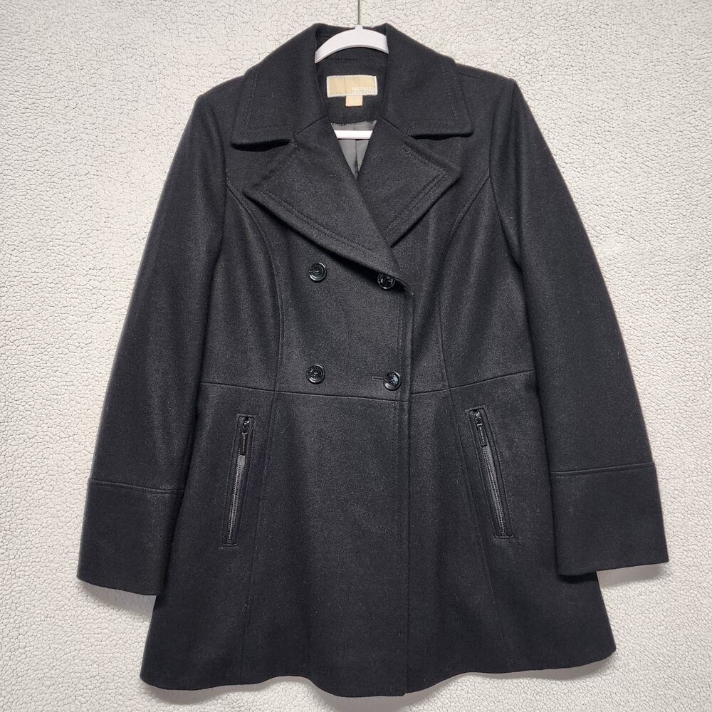 Michael Kors Womens Peacoat Jacket Size L Black Wool Blend Double Breast Peplum